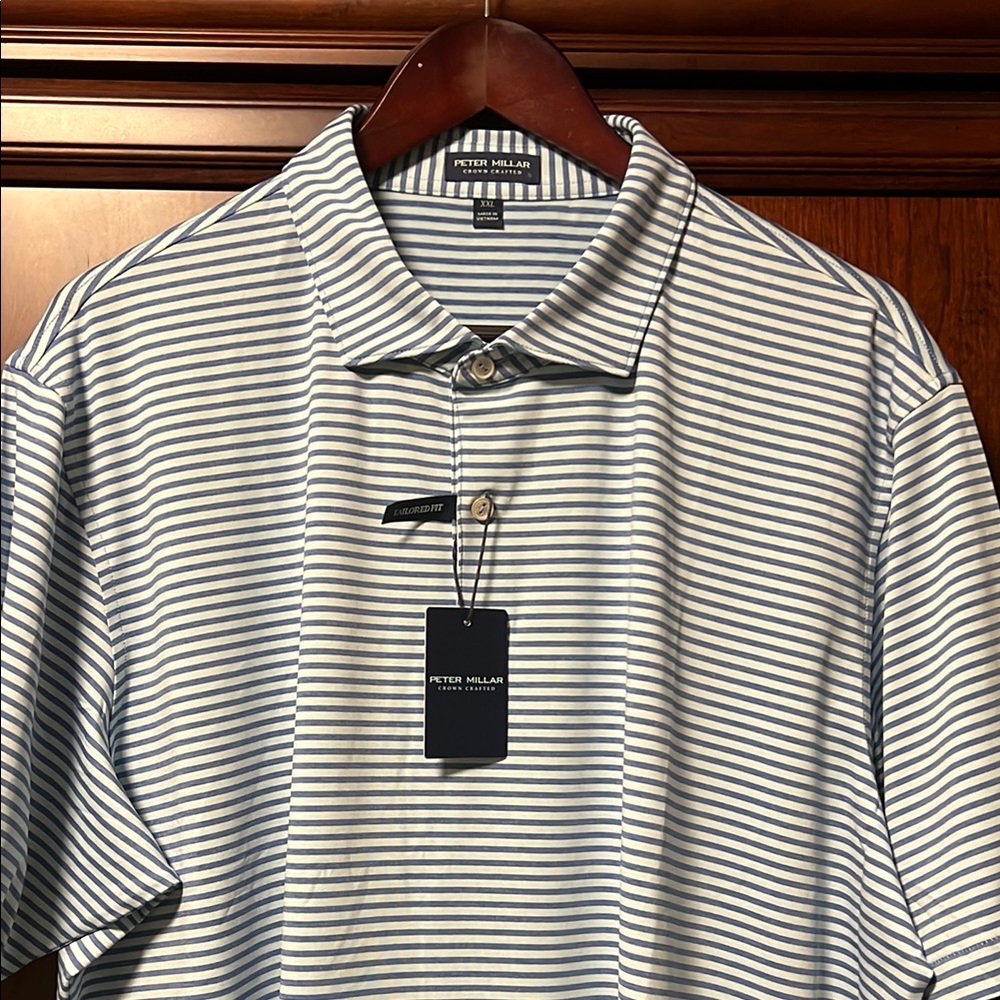 Brand New Peter Millar Crown Crafted Tailored Fit Blue & Gray Stripes Golf Polo!